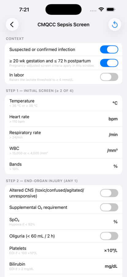 CMQCC obstetric sepsis screen flow