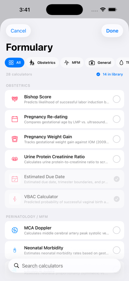 ObCalc formulary browser for adding calculators to your library